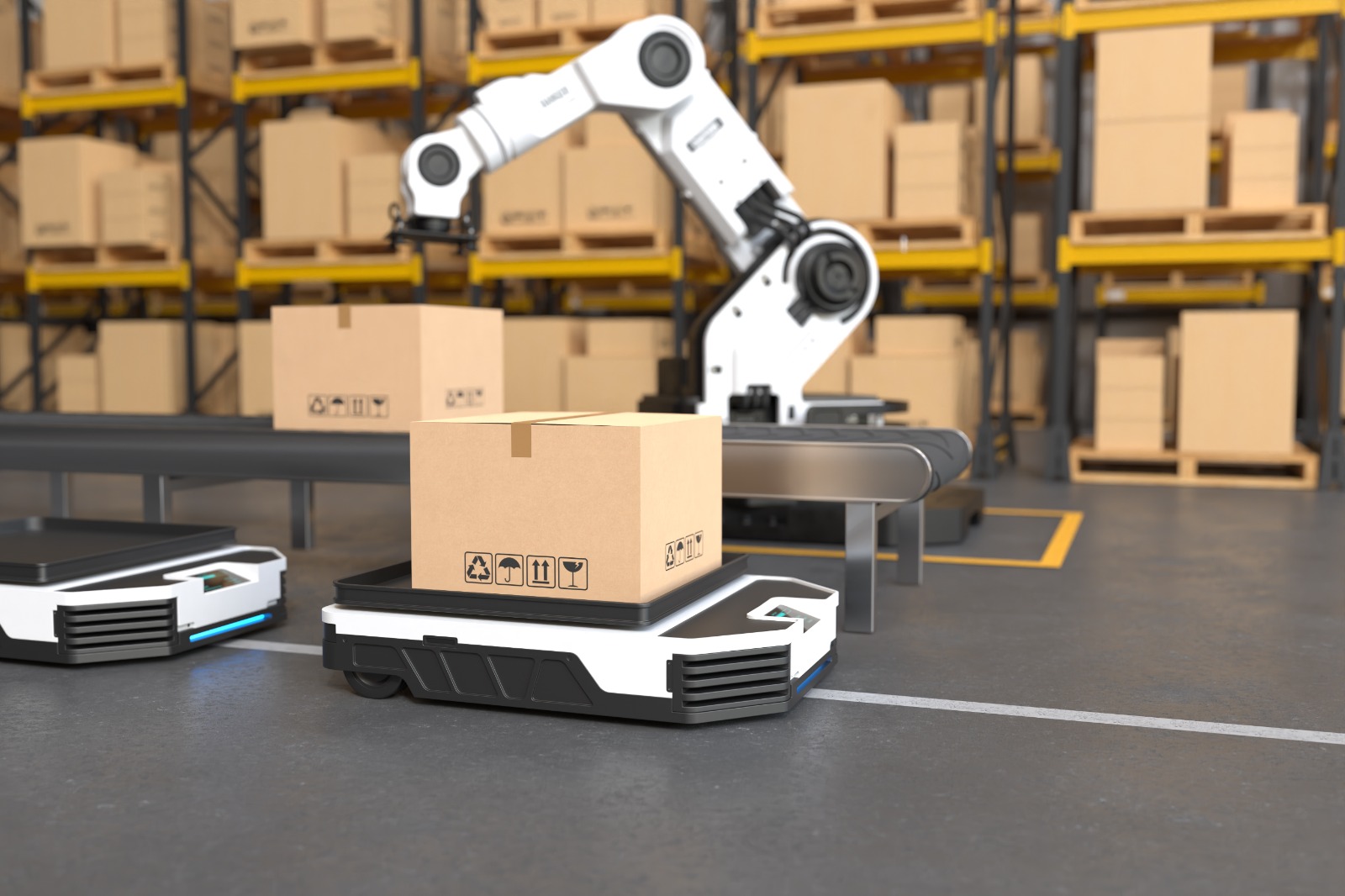 robot working on box in storage facility